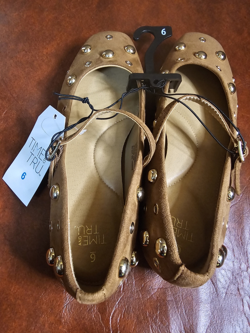 Time and Tru Women's Studded Mary Jane Flats Color is Cognac Size 6 - Picture 2 of 6